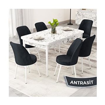 Canisa Rax Serisi 80x132 Açılabilir Beyaz Mermer Desen Mutfak Masası Takımı ve 6 Antrasit Sandalye