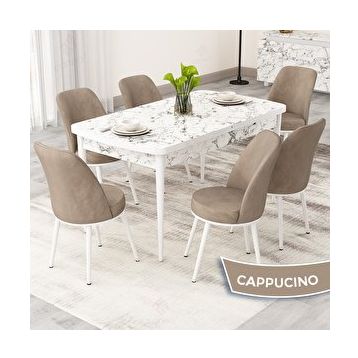 Canisa Rax Serisi 80x132 Açılabilir Beyaz Mermer Desen Mutfak Masası Takımı ve 6 Cappucino Sandalye
