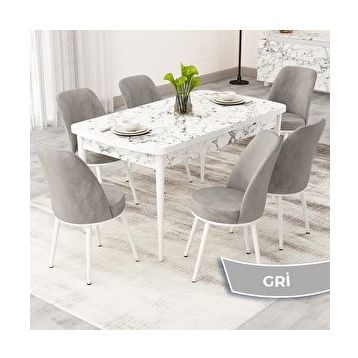 Canisa Rax Serisi 80x132 Açılabilir Beyaz Mermer Desen Mutfak Masası Takımı ve 6 Gri Sandalye