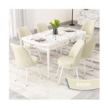 Canisa Rax Serisi 80x132 Açılabilir Beyaz Mermer Desen Mutfak Masası Takımı ve 6 Krem Sandalye