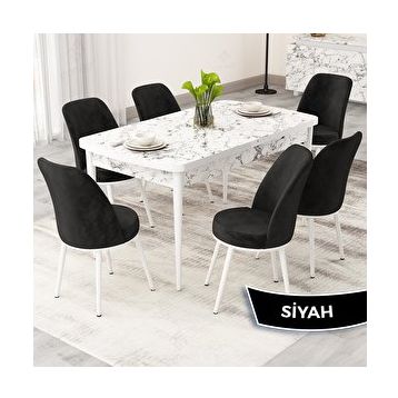 Canisa Rax Serisi 80x132 Açılabilir Beyaz Mermer Desen Mutfak Masası Takımı ve 6 Siyah Sandalye