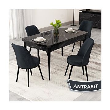 Canisa Rax Serisi 80x132 Açılabilir Siyah Mermer Desen Mutfak Masası Takımı ve 4 Antrasit Sandalye