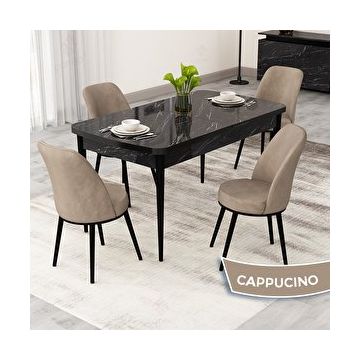 Canisa Rax Serisi 80x132 Açılabilir Siyah Mermer Desen Mutfak Masası Takımı ve 4 Cappucino Sandalye