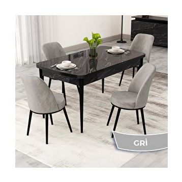 Canisa Rax Serisi 80x132 Açılabilir Siyah Mermer Desen Mutfak Masası Takımı ve 4 Gri Sandalye