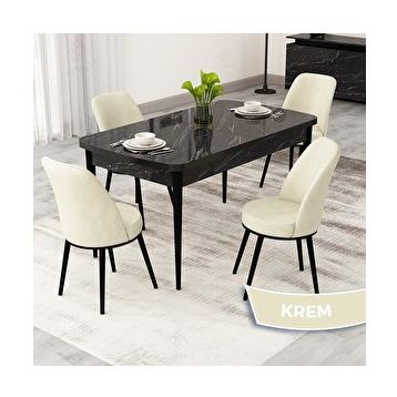 Canisa Rax Serisi 80x132 Açılabilir Siyah Mermer Desen Mutfak Masası Takımı ve 4 Krem Sandalye