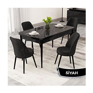 Canisa Rax Serisi 80x132 Açılabilir Siyah Mermer Desen Mutfak Masası Takımı ve 4 Siyah Sandalye