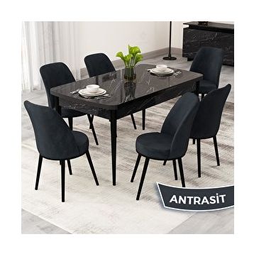 Canisa Rax Serisi 80x132 Açılabilir Siyah Mermer Desen Mutfak Masası Takımı ve 6 Antrasit Sandalye