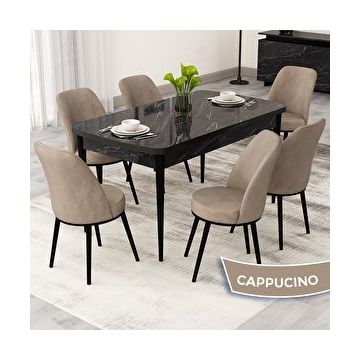 Canisa Rax Serisi 80x132 Açılabilir Siyah Mermer Desen Mutfak Masası Takımı ve 6 Cappucino Sandalye