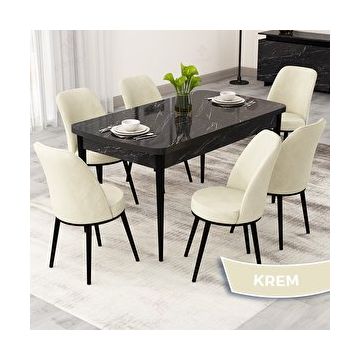 Canisa Rax Serisi 80x132 Açılabilir Siyah Mermer Desen Mutfak Masası Takımı ve 6 Krem Sandalye