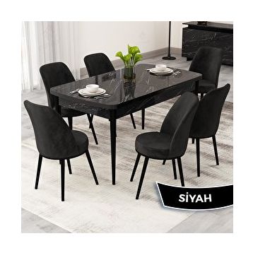 Canisa Rax Serisi 80x132 Açılabilir Siyah Mermer Desen Mutfak Masası Takımı ve 6 Siyah Sandalye