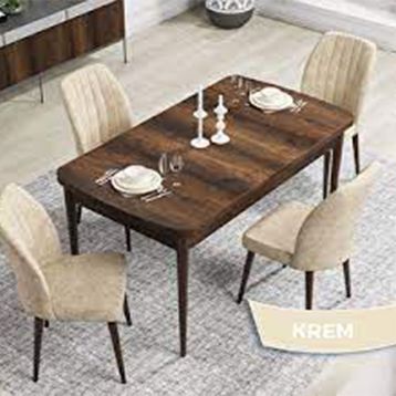 Canisa Rio Serisi 80x132 Açılabilir Mdf Barok Ahşap Desen Masa Takımı ve 4 Krem Sandalye