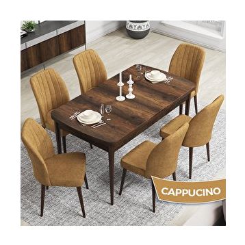 Canisa Rio Serisi 80x132 Açılabilir Mdf Barok Ahşap Desen Masa Takımı ve 6 Cappucino Sandalye