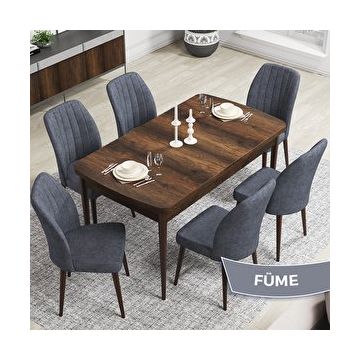 Canisa Rio Serisi 80x132 Açılabilir Mdf Barok Ahşap Desen Masa Takımı ve 6 Füme Sandalye
