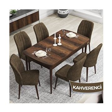 Canisa Rio Serisi 80x132 Açılabilir Mdf Barok Ahşap Desen Masa Takımı ve 6 Kahverengi Sandalye