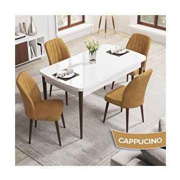 Canisa Rio Serisi 80x132 Açılabilir Mdf Beyaz Masa Ceviz Ayak Masa Takımı ve 4 Cappucino Sandalye