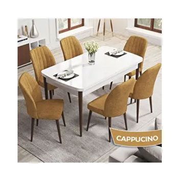 Canisa Rio Serisi 80x132 Açılabilir Mdf Beyaz Masa Ceviz Ayak Masa Takımı ve 6 Adet Cappucino Sandalye