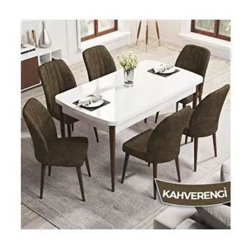 Canisa Rio Serisi 80x132 Açılabilir Mdf Beyaz Masa Ceviz Ayak Masa Takımı ve 6 Adet Kahverengi Sandalye