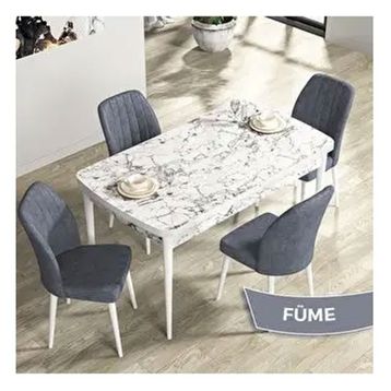 Canisa Rio Serisi 80x132 Açılabilir Mdf Beyaz Mermer Desen Masa Takımı ve 4 Adet Füme Sandalye