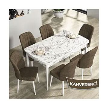 Canisa Rio Serisi 80x132 Açılabilir Mdf Beyaz Mermer Desen Masa Takımı ve 6 Adet Kahverengi Sandalye