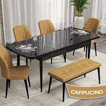 Canisa Rio Serisi 80x132 Açılabilir Mdf Siyah Mermer Desen 4 Cappucino Sandalye ve 1 Bench Cappucino Masa Takımı