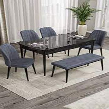 Canisa Rio Serisi 80x132 Açılabilir Mdf Siyah Mermer Desen 4 Füme Sandalye ve 1 Bench Füme Masa Takımı