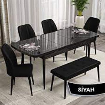 Canisa Rio Serisi 80x132 Açılabilir Mdf Siyah Mermer Desen 4 Siyah Sandalye ve 1 Bench Siyah Masa Takımı