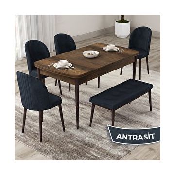 Canisa Roe Serisi 80x132 Açılabilir Barok Ahşap Desen Mutfak Masası Takımı ve 4 Antrasit Sandalye ve Antrasit 1 Bench
