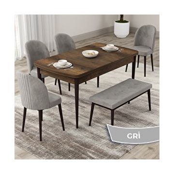 Canisa Roe Serisi 80x132 Açılabilir Barok Ahşap Desen Mutfak Masası Takımı ve 4 Gri Sandalye ve Gri 1 Bench