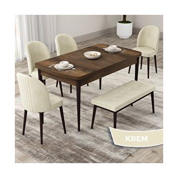 Canisa Roe Serisi 80x132 Açılabilir Barok Ahşap Desen Mutfak Masası Takımı ve 4 Krem Sandalye ve Krem 1 Bench