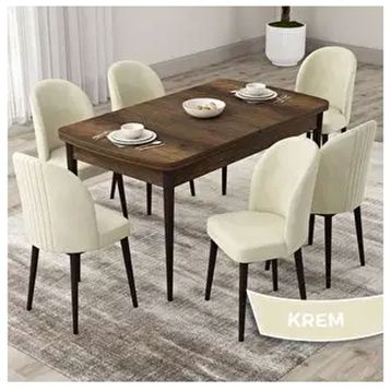 Canisa Roe Serisi 80x132 Açılabilir Barok Ahşap Desen Mutfak Masası Takımı ve 6 Adet Krem Sandalye