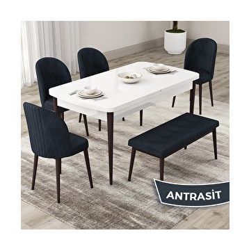 Canisa Roe Serisi 80x132 Açılabilir Beyaz Masa Ceviz Ayak Mutfak Masası Takımı ve 4 Antrasit Sandalye ve Antrasit 1 Bench