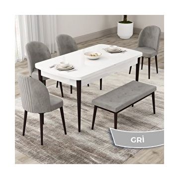 Canisa Roe Serisi 80x132 Açılabilir Beyaz Masa Ceviz Ayak Mutfak Masası Takımı ve 4 Gri Sandalye ve Gri 1 Bench