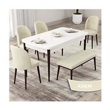 Canisa Roe Serisi 80x132 Açılabilir Beyaz Masa Ceviz Ayak Mutfak Masası Takımı ve 4 Krem Sandalye ve Krem 1 Bench