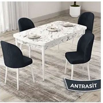 Canisa Roe Serisi 80x132 Açılabilir Beyaz Mermer Desen Mutfak Masası Takımı ve 4 Adet Antrasit Sandalye