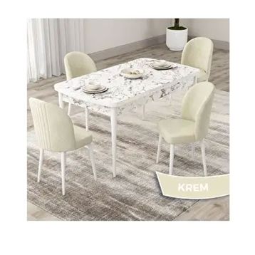 Canisa Roe Serisi 80x132 Açılabilir Beyaz Mermer Desen Mutfak Masası Takımı ve 4 Adet Krem Sandalye