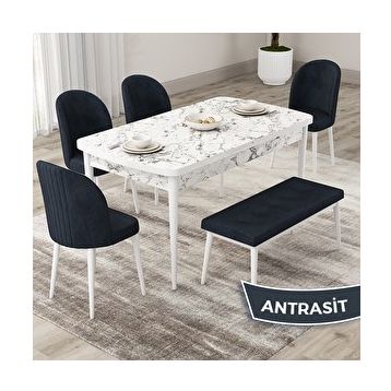 Canisa Roe Serisi 80x132 Açılabilir Beyaz Mermer Desen Mutfak Masası Takımı ve 4 Antrasit Sandalye ve Antrasit 1 Bench