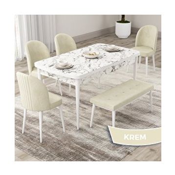 Canisa Roe Serisi 80x132 Açılabilir Beyaz Mermer Desen Mutfak Masası Takımı ve 4 Krem Sandalye ve Krem 1 Bench