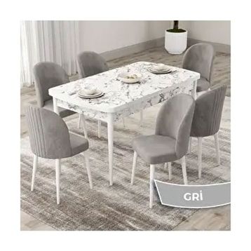 Canisa Roe Serisi 80x132 Açılabilir Beyaz Mermer Desen Mutfak Masası Takımı ve 6 Adet Gri Sandalye