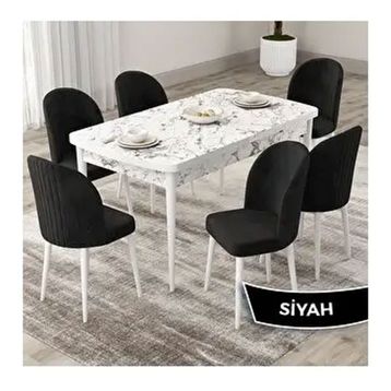 Canisa Roe Serisi 80x132 Açılabilir Beyaz Mermer Desen Mutfak Masası Takımı ve 6 Adet Siyah Sandalye