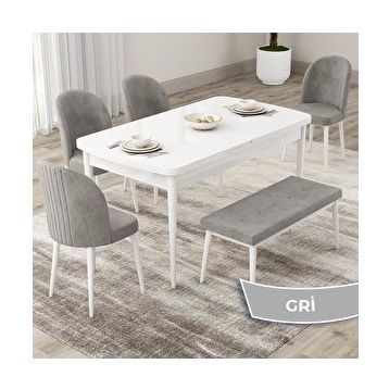 Canisa Roe Serisi 80x132 Açılabilir Beyaz Mutfak Masası Takımı ve 4 Gri Sandalye ve Gri 1 Bench