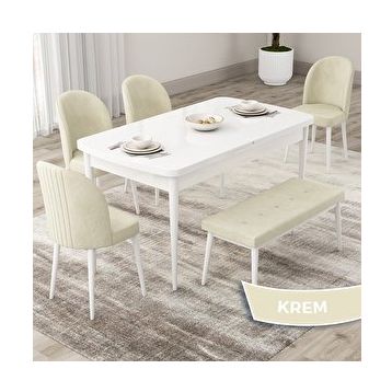Canisa Roe Serisi 80x132 Açılabilir Beyaz Mutfak Masası Takımı ve 4 Krem Sandalye ve Krem 1 Bench