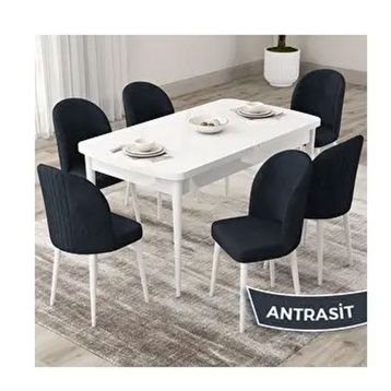 Canisa Roe Serisi 80x132 Açılabilir Beyaz Mutfak Masası Takımı ve 6 Adet Antrasit Sandalye