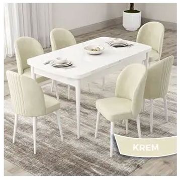 Canisa Roe Serisi 80x132 Açılabilir Beyaz Mutfak Masası Takımı ve 6 Adet Krem Sandalye