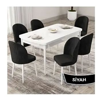 Canisa Roe Serisi 80x132 Açılabilir Beyaz Mutfak Masası Takımı ve 6 Adet Siyah Sandalye