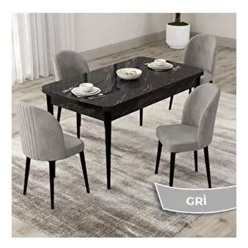 Canisa Roe Serisi 80x132 Açılabilir Siyah Mermer Desen Mutfak Masası Takımı ve 4 Adet Gri Sandalye