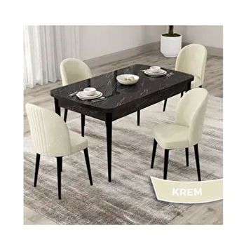 Canisa Roe Serisi 80x132 Açılabilir Siyah Mermer Desen Mutfak Masası Takımı ve 4 Adet Krem Sandalye
