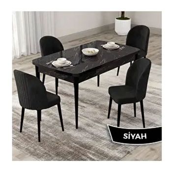 Canisa Roe Serisi 80x132 Açılabilir Siyah Mermer Desen Mutfak Masası Takımı ve 4 Adet Siyah Sandalye