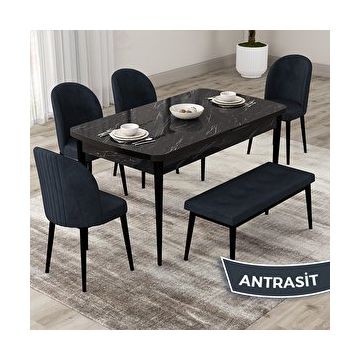 Canisa Roe Serisi 80x132 Açılabilir Siyah Mermer Desen Mutfak Masası Takımı ve 4 Antrasit Sandalye ve Antrasit 1 Bench