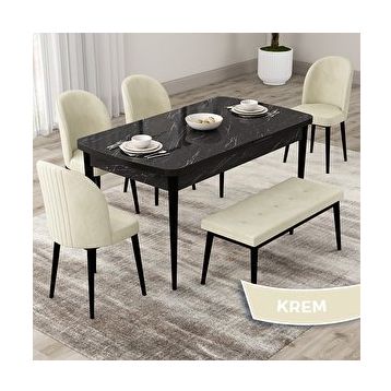 Canisa Roe Serisi 80x132 Açılabilir Siyah Mermer Desen Mutfak Masası Takımı ve 4 Krem Sandalye ve Krem 1 Bench