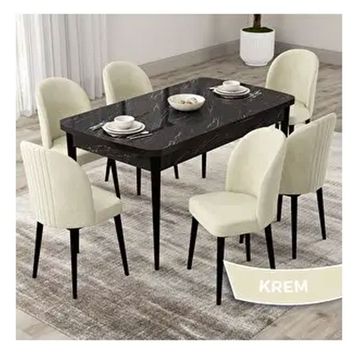 Canisa Roe Serisi 80x132 Açılabilir Siyah Mermer Desen Mutfak Masası Takımı ve 6 Adet Krem Sandalye